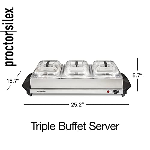 Proctor-Silex Buffet Server & Food Warmer, Adjustable Heat, for Parties, Holidays and Entertaining, Three 2.5 Quart Oven-Safe Chafing Dish Set, Stainless Steel