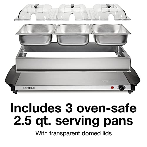 Proctor-Silex Buffet Server & Food Warmer, Adjustable Heat, for Parties, Holidays and Entertaining, Three 2.5 Quart Oven-Safe Chafing Dish Set, Stainless Steel