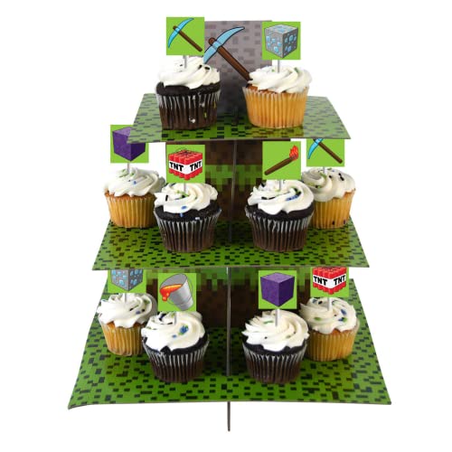 Mining Fun 3 Tier Cupcake Stand - Pixel Miner Party Decorations, Mining Birthday Party Decorations, Gamer Birthday Decorations, Pixel Gaming Party Decorations, Blue Orchards