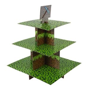 mining fun 3 tier cupcake stand - pixel miner party decorations, mining birthday party decorations, gamer birthday decorations, pixel gaming party decorations, blue orchards