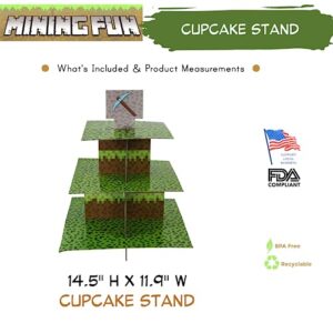 Mining Fun 3 Tier Cupcake Stand - Pixel Miner Party Decorations, Mining Birthday Party Decorations, Gamer Birthday Decorations, Pixel Gaming Party Decorations, Blue Orchards