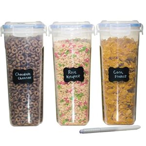 mekbok cereal storage container set, bpa free plastic airtight food storage containers 135.2 oz for cereal, snacks and sugar, 3 piece set cereal dispensers with 16 chalkboard labels, blue