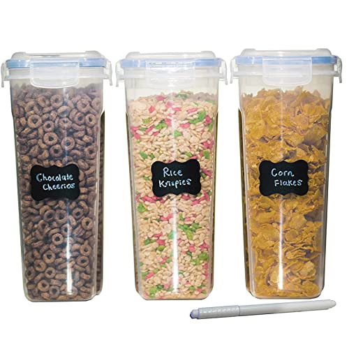 MEKBOK Cereal Storage Container Set, BPA Free Plastic Airtight Food Storage Containers 135.2 oz for Cereal, Snacks and Sugar, 3 Piece Set Cereal Dispensers with 16 Chalkboard Labels, blue