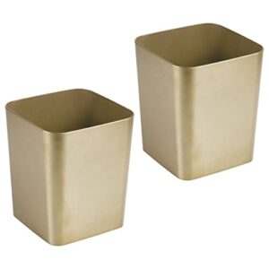 mdesign square shatter-resistant plastic small trash can wastebasket, garbage container bin for bathrooms, powder rooms, kitchens, home offices - 2 pack - soft brass finish