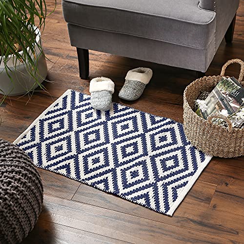 DII Indoor Braided Cotton Area Rug, Handloomed Yarn Dyed Woven, Reversible, 20x31.5, Navy Diamond