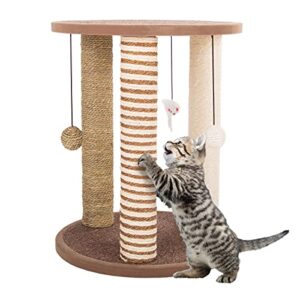 cat scratching post - 3 scratcher posts with carpeted base play area and perch - furniture scratching deterrent for indoor cats by petmaker (brown)