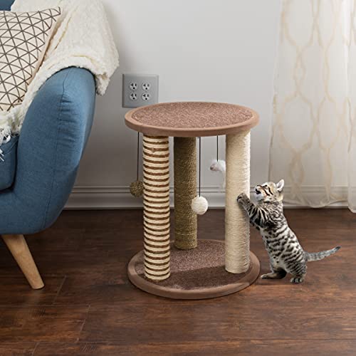 Cat Scratching Post - 3 Scratcher Posts with Carpeted Base Play Area and Perch - Furniture Scratching Deterrent for Indoor Cats by PETMAKER (Brown)