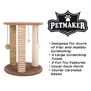 Cat Scratching Post - 3 Scratcher Posts with Carpeted Base Play Area and Perch - Furniture Scratching Deterrent for Indoor Cats by PETMAKER (Brown)