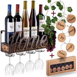anna stay wine rack wall mounted - decorative wine rack with wine glass holder, wall mounted wine rack inc cork storage & wine charms, wine gifts with wine bottle holder for wine decor