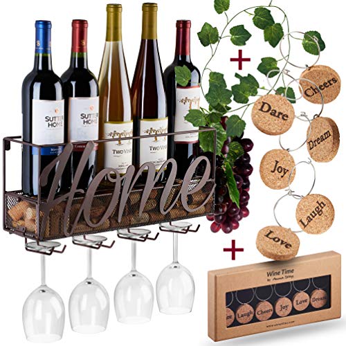 Anna Stay Wine Rack Wall Mounted - Decorative Wine Rack with Wine Glass Holder, Wall Mounted Wine Rack inc Cork Storage & Wine Charms, Wine Gifts with Wine Bottle Holder for Wine Decor