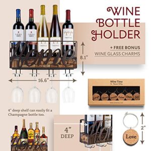 Anna Stay Wine Rack Wall Mounted - Decorative Wine Rack with Wine Glass Holder, Wall Mounted Wine Rack inc Cork Storage & Wine Charms, Wine Gifts with Wine Bottle Holder for Wine Decor