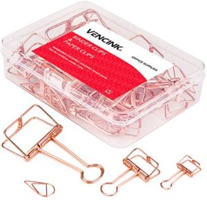 rose gold wire binder clips and cute paper clips set assorted sizes, 2 large 6 medium 10 small smooth stainless hollow office clamp clips