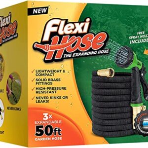 Flexi Hose with 8 Function Nozzle Expandable Garden Hose 50 ft, Lightweight & No-Kink Flexible Extendable Garden Flex Hose, 3/4 inch Solid Brass Fittings and Double Latex Core, 50ft Black