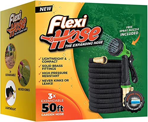 Flexi Hose with 8 Function Nozzle Expandable Garden Hose 50 ft, Lightweight & No-Kink Flexible Extendable Garden Flex Hose, 3/4 inch Solid Brass Fittings and Double Latex Core, 50ft Black