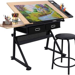 Smartxchoices Drafting Table Drawing Desk Reclining Tiltable Tabletop Bundle Set with Stool and 2 Storage Drawers Art Writing Reading Workstation for Office and Home