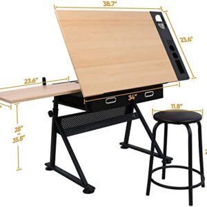 Smartxchoices Drafting Table Drawing Desk Reclining Tiltable Tabletop Bundle Set with Stool and 2 Storage Drawers Art Writing Reading Workstation for Office and Home