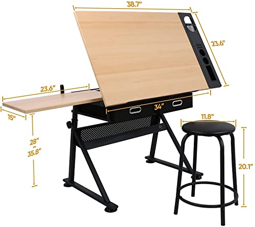 Smartxchoices Drafting Table Drawing Desk Reclining Tiltable Tabletop Bundle Set with Stool and 2 Storage Drawers Art Writing Reading Workstation for Office and Home