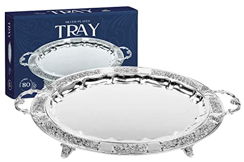 Silver Plated Menorah Tray with Handles - 16 Inch x 12 Inch - for Shabbos, Yom Tov, Hanukkah Drip Tray - Large Oval Silver Tray - Ner Mitzvah