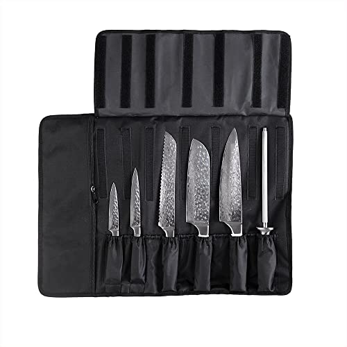 BGT Japanese 67 Layer High Grade VG-10 Super Damascus Steel Knives, Sharp, Teak Handle Professional Hammered Kitchen Knife Set with Knife Roll Bag 6Pcs Set (Silver Blade)