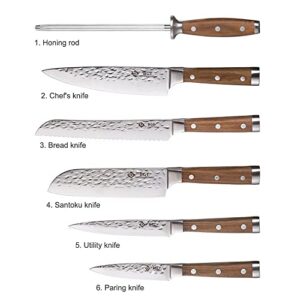 BGT Japanese 67 Layer High Grade VG-10 Super Damascus Steel Knives, Sharp, Teak Handle Professional Hammered Kitchen Knife Set with Knife Roll Bag 6Pcs Set (Silver Blade)