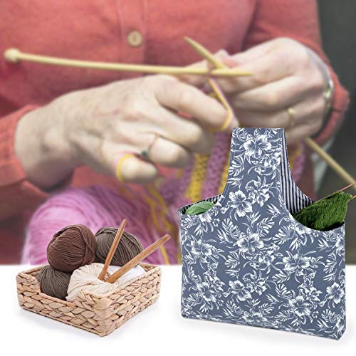 Teamoy 2 Pack Canvas Knitting Tote Bag and Knitting Needles Roll Holder for Yarn, Knitting Needles(14 Inches), Supplies and More, Perfect Size for Knitting on The Go(Large,Blue Flowers)
