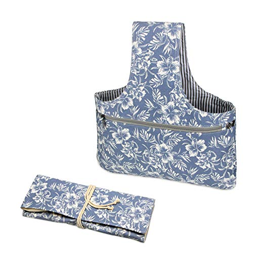 Teamoy 2 Pack Canvas Knitting Tote Bag and Knitting Needles Roll Holder for Yarn, Knitting Needles(14 Inches), Supplies and More, Perfect Size for Knitting on The Go(Large,Blue Flowers)