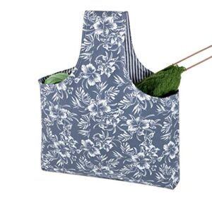 Teamoy 2 Pack Canvas Knitting Tote Bag and Knitting Needles Roll Holder for Yarn, Knitting Needles(14 Inches), Supplies and More, Perfect Size for Knitting on The Go(Large,Blue Flowers)