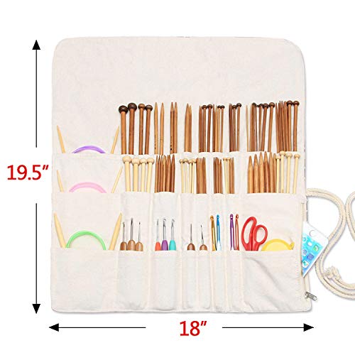 Teamoy 2 Pack Canvas Knitting Tote Bag and Knitting Needles Roll Holder for Yarn, Knitting Needles(14 Inches), Supplies and More, Perfect Size for Knitting on The Go(Large,Blue Flowers)