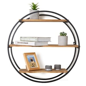 modern circular metal frame & wood wall mounted floating shelf / 3-tier decorative display rack, 22-inch in diameter