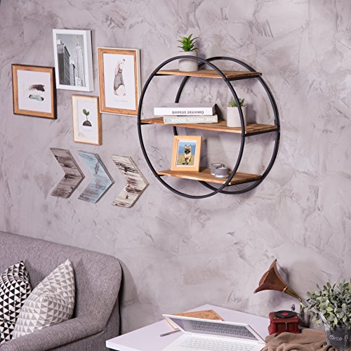 Modern Circular Metal Frame & Wood Wall Mounted Floating Shelf / 3-Tier Decorative Display Rack, 22-Inch in Diameter
