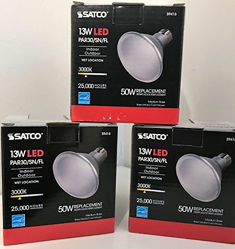 3 Pack Satco S9416 Par30 Short Neck LED 3000K 40' Beam Spread Medium Base Light Bulb, 13W