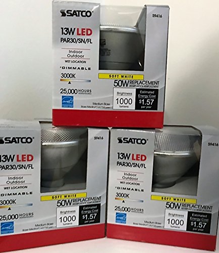 3 Pack Satco S9416 Par30 Short Neck LED 3000K 40' Beam Spread Medium Base Light Bulb, 13W