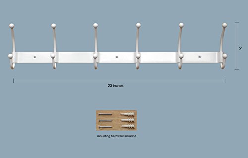 Wall Mounted Coat Rack with 6 Double Hooks - Heavy Duty 23 inch Long Iron Wall Hooks for Home Organization (White)