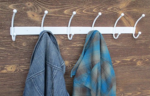 Wall Mounted Coat Rack with 6 Double Hooks - Heavy Duty 23 inch Long Iron Wall Hooks for Home Organization (White)