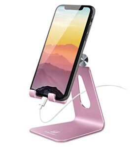 tobeoneer adjustable cell phone stand desktop phone holder, aluminum desk stand cradle dock for iphone 13 12 mini 11 xr xs max 8 7 6 6s 5 plus samsung huawei all smartphones (rose gold)