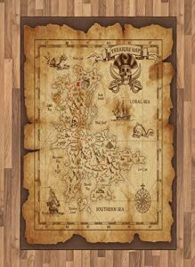 ambesonne island map area rug, super detailed treasure map grungy rustic pirates gold secret sea history theme, flat woven accent rug for living room bedroom dining room, 4' x 5.7', beige brown