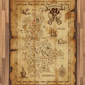 Ambesonne Island Map Area Rug, Super Detailed Treasure Map Grungy Rustic Pirates Gold Secret Sea History Theme, Flat Woven Accent Rug for Living Room Bedroom Dining Room, 4' X 5.7', Beige Brown