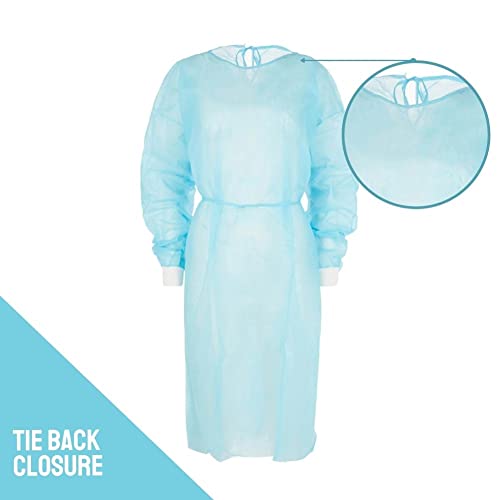 Nobles Universal Size Blue Disposable Isolation Gowns - Latex-Free Gown is Fluid Resistant with Knitted Cuffs - Medical & PPE Gowns - Ideal Safety Protection for Women & Men (Case of 50)