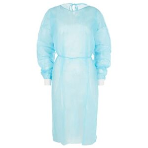 nobles universal size blue disposable isolation gowns - latex-free gown is fluid resistant with knitted cuffs - medical & ppe gowns - ideal safety protection for women & men (case of 50)