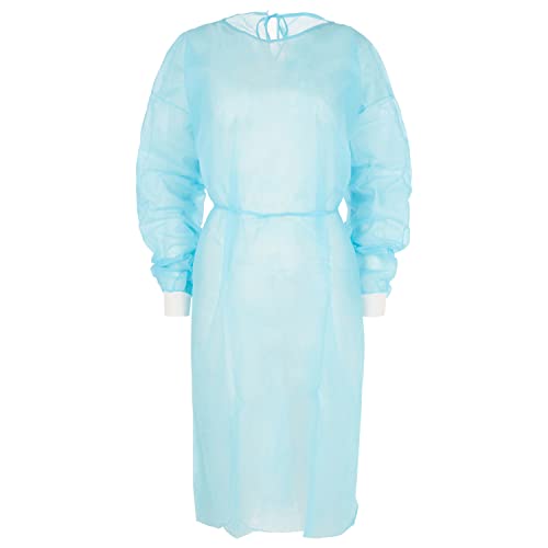 Nobles Universal Size Blue Disposable Isolation Gowns - Latex-Free Gown is Fluid Resistant with Knitted Cuffs - Medical & PPE Gowns - Ideal Safety Protection for Women & Men (Case of 50)