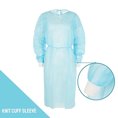 Nobles Universal Size Blue Disposable Isolation Gowns - Latex-Free Gown is Fluid Resistant with Knitted Cuffs - Medical & PPE Gowns - Ideal Safety Protection for Women & Men (Case of 50)