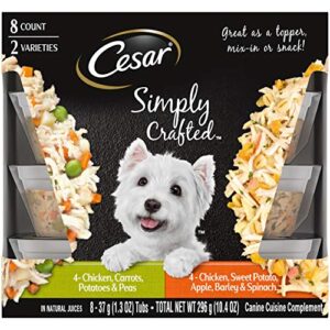 cesar simply crafted adult wet dog food meal topper variety pack, chicken, carrots, potatoes & peas and chicken, sweet potato, apple, barley & spinach, (8) 1.3 oz. tubs