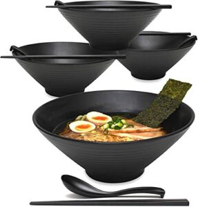 4 sets (12 piece) 57 ounce large japanese ramen noodle soup bowl melamine hard plastic dishware ramen bowl set with matching spoon and chopsticks for udon soba pho asian noodles (4, black, 9 inches)