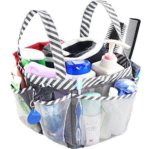 Haundry Mesh Shower Caddy Bag, Portable College Dorm Bathroom Tote, Quick Dry Holder for Camp Gym, 8 Basket Pockets with Key Hook and 2 Oxford Handles, Gray