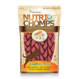 nutrichomps dog chews, 6-inch braids, easy to digest, rawhide-free dog treats, healthy, 4 count, real chicken flavor