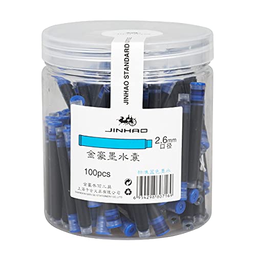 100pcs JINHAO Fountain Pen Ink Cartridges Refills, Disposable and Universal - 2.6 mm Bore Diameter(Blue ink)