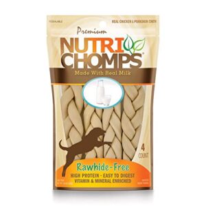 nutrichomps dog chews, 6-inch braids, easy to digest, long lasting, rawhide-free dog treats, healthy, 4 count, real milk flavor
