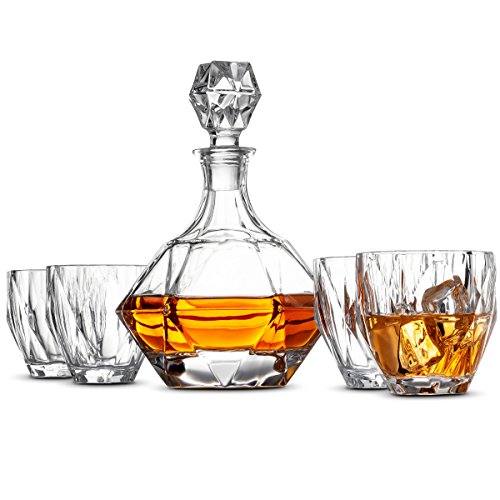 5-Piece European Style Whiskey Decanter and Glass Set - With Magnetic Gift Box - Exquisite Diamond Design Liquor Decanter & 4 Whiskey Glasses - Perfect Whiskey Decanter Set for Scotch Alcohol Bourbon.