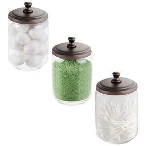mdesign small modern apothecary storage organizer canister jars - glass containers for bathroom, organization holder for vanity, counter, makeup table, hyde collection, 3 pack, clear/bronze