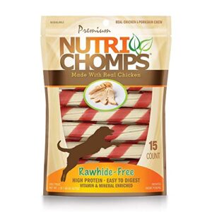 nutrichomps dog chews, 6-inch twists, easy to digest, long lasting, rawhide-free dog treats, 15 count, real chicken flavor